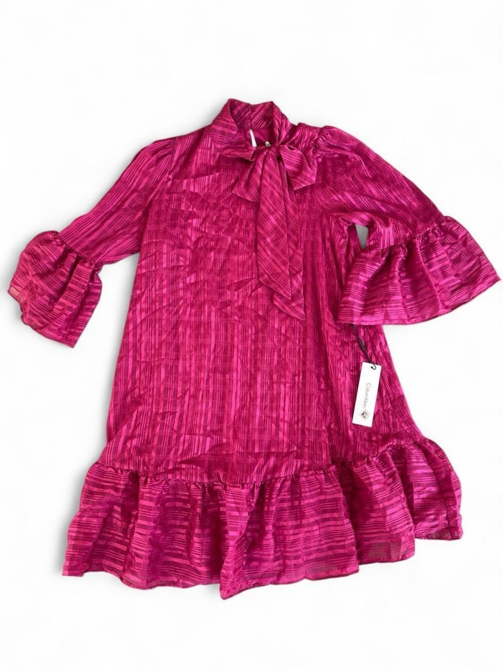 Calvin Klein Women’s Pink Metallic Tie-Neck Bell Sleeve Shift Dress Size 8 NWT